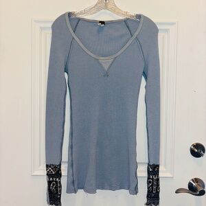 Free People Long Sleeve Baby Blue Thermal Embroidered Scoop Neck Tunic Top